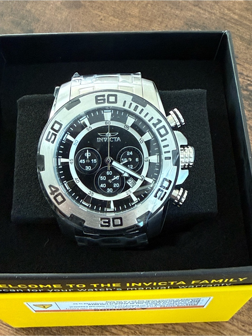 Invicta Silver and Black Stainless Steel Chronograph Watch
